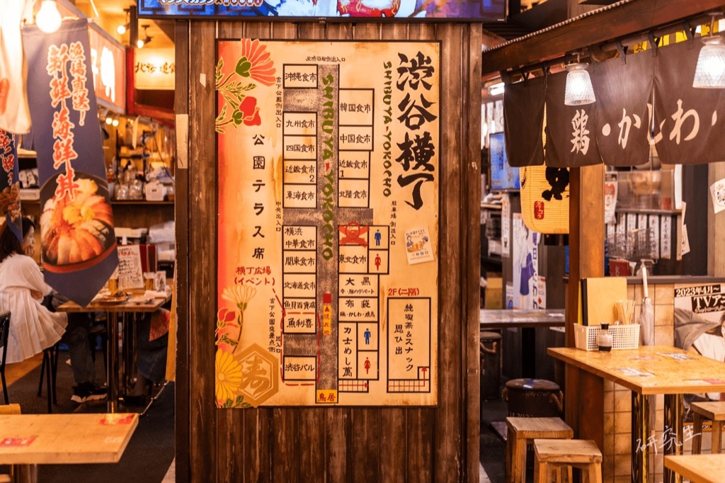 澀谷橫丁的木造入口，牆上掛著各食市的樓層指示牌